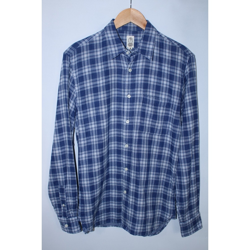 Hiroshi Kato Men's Small Blue White Long Sleeve Ocean Gauze Plaid Shirt